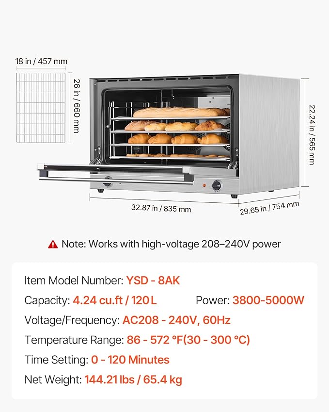 VEVOR Commercial Convection Oven, 4.24 cu.ft Countertop Oven for Full-Size Pans, Electric Convection Ovens with 4 Racks, 360° Hot Air Circulation, for Bakery, Restaurant & Pizza Shop (208-240V 5000W)