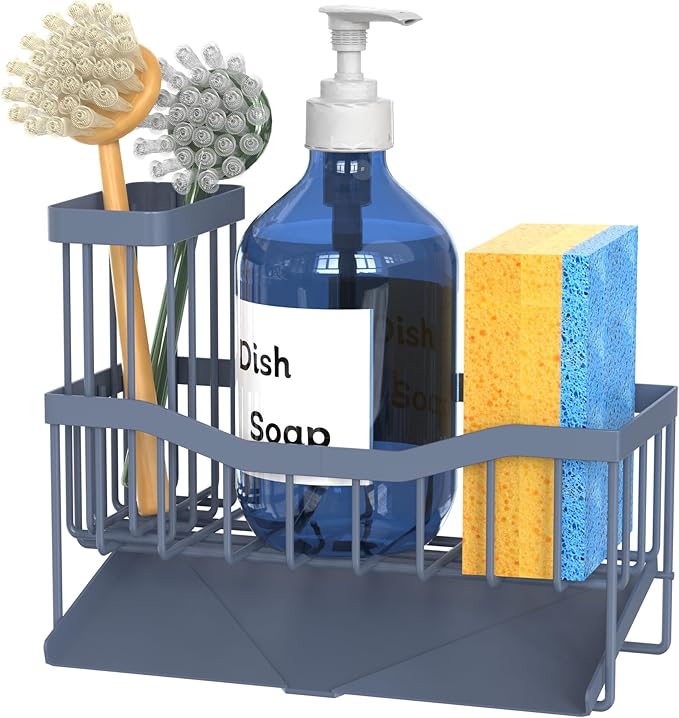 Maifan Sink Caddy Sponge Holder for Kitchen with Brush Holder and Stainless Steel Self Drain Tray, Rustproof Kitchen Sink Organizer for Sponge, Soap Dispenser Storage Accessories Grey Blue