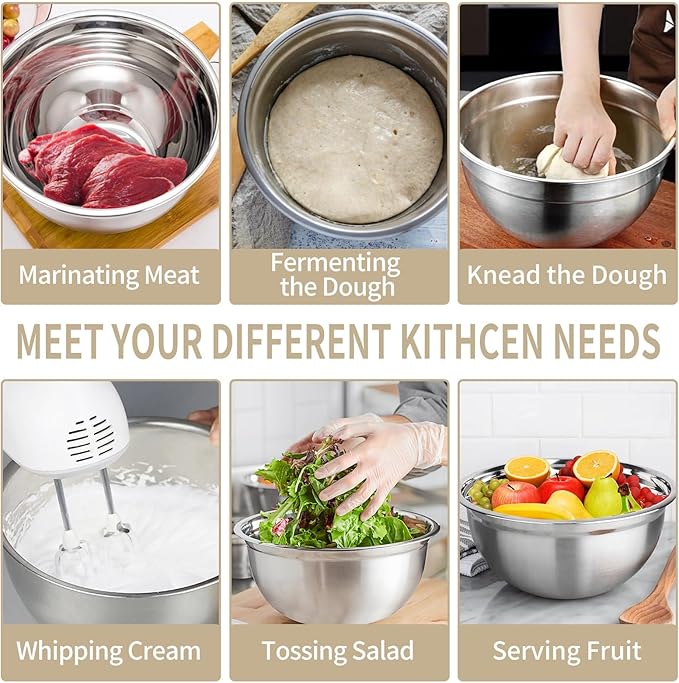 WEPSEN Mixing Bowls Set, 25PCS Khaki Mixing Bowls With Lids Set Stainless Steel Kitchen Large Nesting Metal Bowl 7QT to 1.5QT, Measuring Cups and Spoons for Prepping Cooking Serving