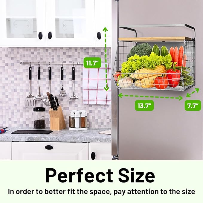 Ofiray-home Magnetic Fridge Shelf with Wood Lid, Fruit Potato Onion Storage Bins, Pantry Organizers, Large Container Spice Rack for Refrigerator, Kitchen Counter, Cabinet (1, Silver)
