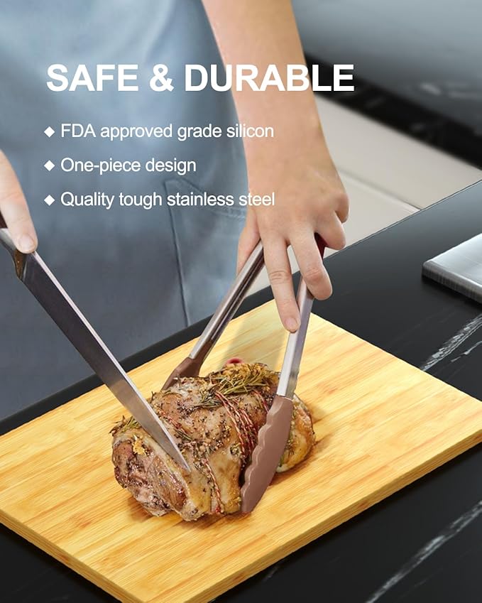 600ºF Heat Resistant Kitchen Tongs, Premium Locking Cooking Tongs with Silicone Tips, Non-Slip Food Tongs for Cooking, Non-Stick, Heavy Duty Stainless Steel Handle, Set of 3-7" 9" and 12" Mud color