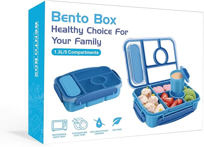 Amathley Bento Box Adult Lunch Box Kids,Lunch Containers for Adults/Kids/Toddler,5 Compartments Bento Lunch Box with Sauce Vontainers,Microwave & Dishwasher & Freezer Safe,BPA-Free (Blue)