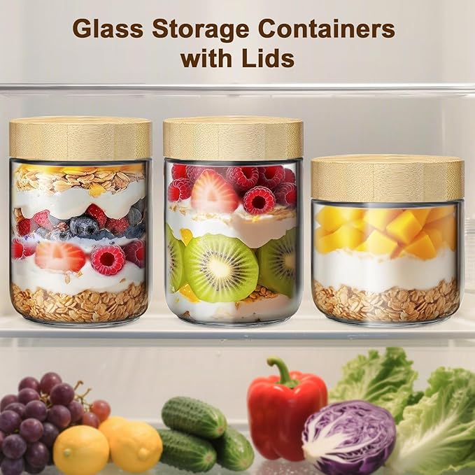 4 Pack 16oz Glass Jars with Bamboo Lids, Overnight Oats Containers with Airtight Lids, Storage Containers Wide Mouth Mason jars for Salad,Yogurt, Sugar, Snacks, Spices