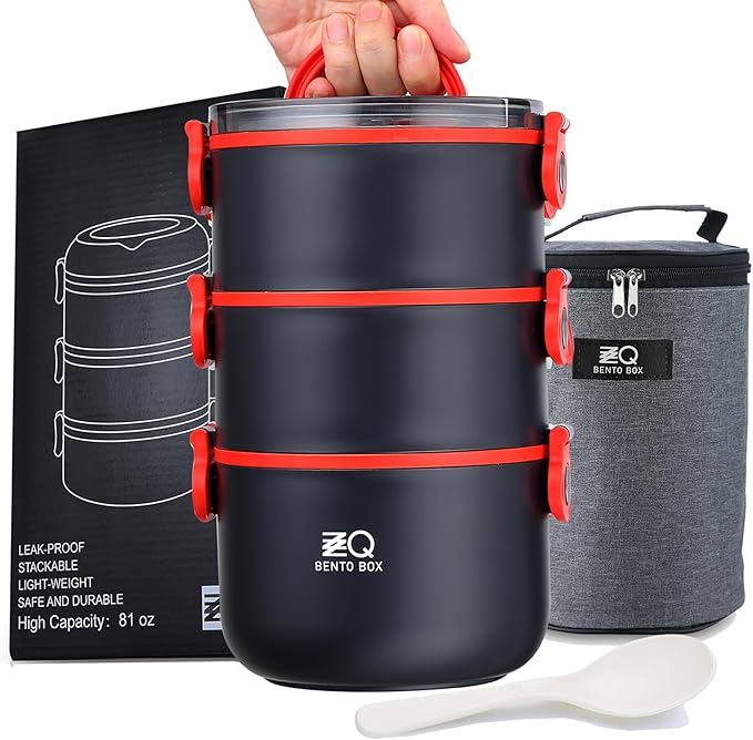 Bento Lunch Box for Adults with Bag & Utensils, 81oz Large Capacity Leakproof 3 Tier Stackable Lunch Box Containers for Adults Work, Men Women Dining Out, Insulated Bento Box Microwave Safe, Black