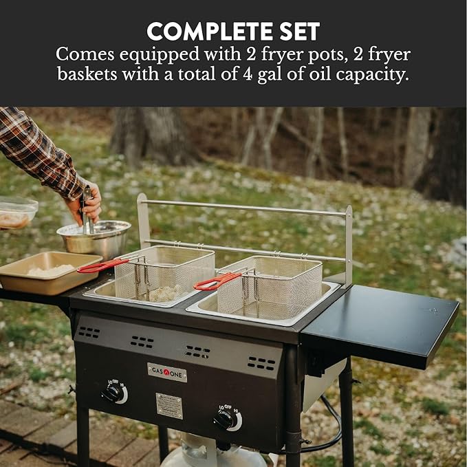 GasOne B-5850A Outdoor Propane Deep Fryer - Double Burners, 16 Qt Removable Baskets & Lids, Oil Fryer Cart with Thermometer & Regulator - Perfect for Outdoor Cooking