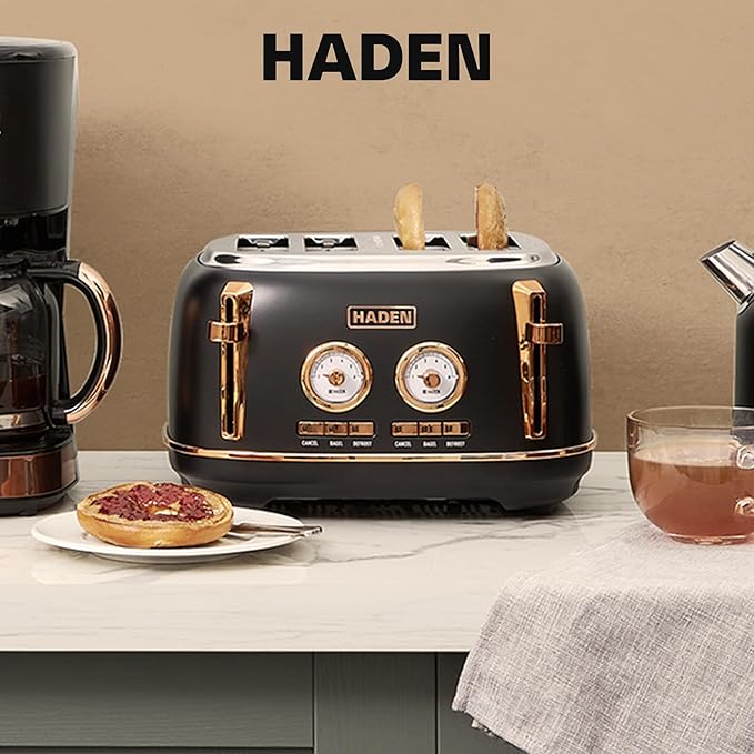 Haden Dorset 4 Slice Wide Slot Stainless Steel Toaster with Adjustable Browning Control & Non-Slip Feet, Black & Copper