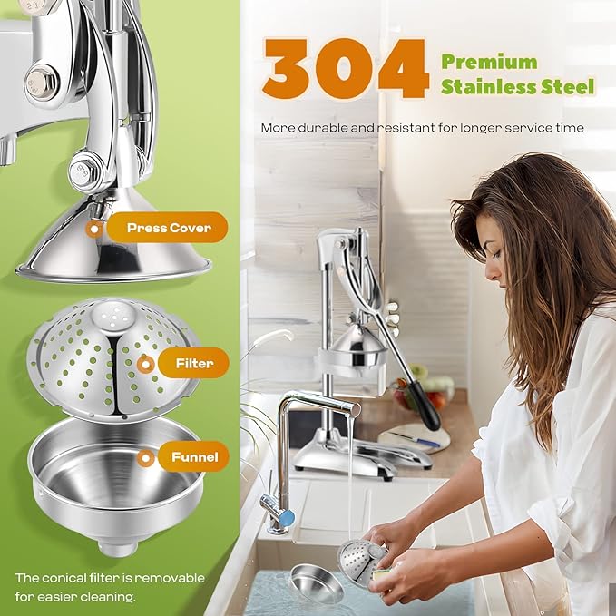 Manual Juicer Hand Press Professional Citrus Juicer Countertop Metal Orange Lemon Pomegranate Squeezer for Commercial Home Restaurant Use( Stainless Steel Heavy Duty Extra Large 7.4*9.8*19.3")