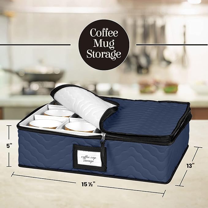 China Storage Containers 5-Piece Set Moving Boxes for Dinnerware, Glasses, Plates, Mugs and Saucers Sturdy Quilted Microfiber Dish Organizer with Dividers for Seasonal Storage - Holds Set of 12, blue