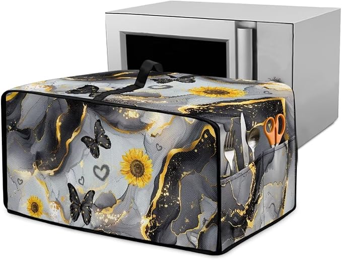 Convection Oven Cover Countertop Appliance Covers Stain-resistant Microwave Oven Protector for Kitchen Home Decor, S, Black Gray Gold Marble Butterfly Sunflower