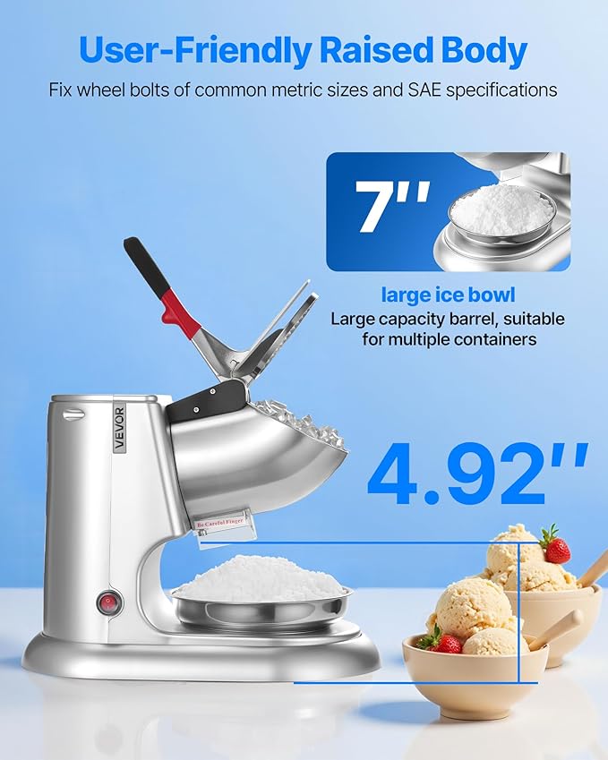 VEVOR Ice Crusher Machine, 220lbs Per Hour Electric 4 Blades Snow Cone Maker, Stainless Steel Shaved Ice Machine with Bowl and Cover, 300W 2000RPM Ice-Shaver for Home and Commercial Use, Silver