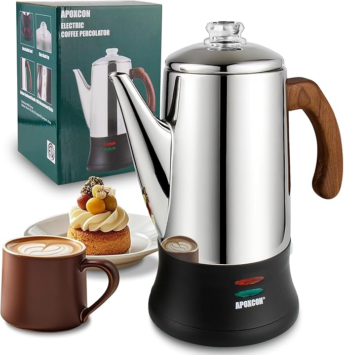 APOXCON Electric Coffee Percolator Stainless Steel Coffee Pot with Two Tough Glass Clear Brew Progress Knob & Treated Solid Wood Handle & On/OFF Switch Auto Keep Warm Cordless Serve (8 Cup)