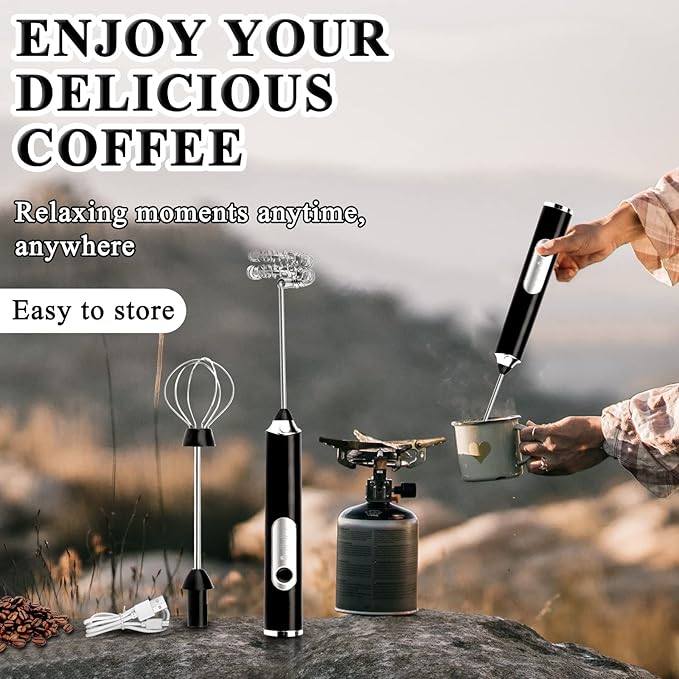 Electric Double Whisk Milk Frother Handheld Black USB Rechargeable Drink Mixer, 3 Speeds Adjustable Electric Whisk Foam Maker Detachable for Coffee, Lattes, Matcha, Hot Chocolate