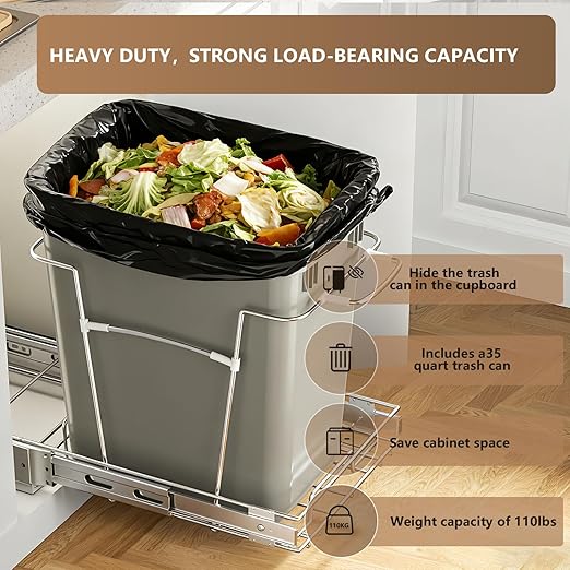 Pull Out Trash Can for Kitchen Cabinets, Under Sink Garbage Bin with 35 Qt / 8.75 Gal can, Full Extension Slides, Heavy-Duty Steel Frame Requires Minimum 13" W x 22" D Cabinet Opening
