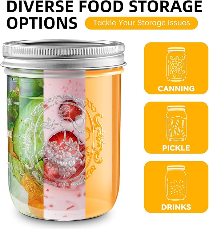 Miuyhji Mason Jars 16 oz with Lids, 9 Pcs Wide Mouth Glass Canning Jars with Airtight Lids and Bands, Overnight Oats Containers for Pickling, Freezing, Preserving, Meal Prep, Jar Décor