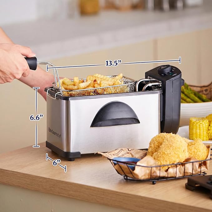 Elite Gourmet EDF2100 Electric Immersion Deep Fryer Removable Basket Adjustable Temperature, Lid with Viewing Window and Odor Free Filter, 2 Quart / 8.2 cup