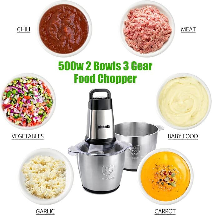 Qinkada Food Processor, 2 Stainless Steel Bowls, 14Cup, 500W Powerful Electric Meat Grinder, 3 Speed Modes 4 Bi-Level Blades for Onion, Meat, Nuts, Fruit, Garlic, Vegetable, Baby Food