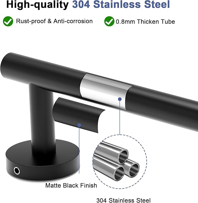 Matte Black Towel Bar, 24 Inch Towel Racks for Bathroom Wall Mounted, SUS304 Stainless Steel Bathroom Towel Holder, Total Length 26.4 Inch Towel Bars