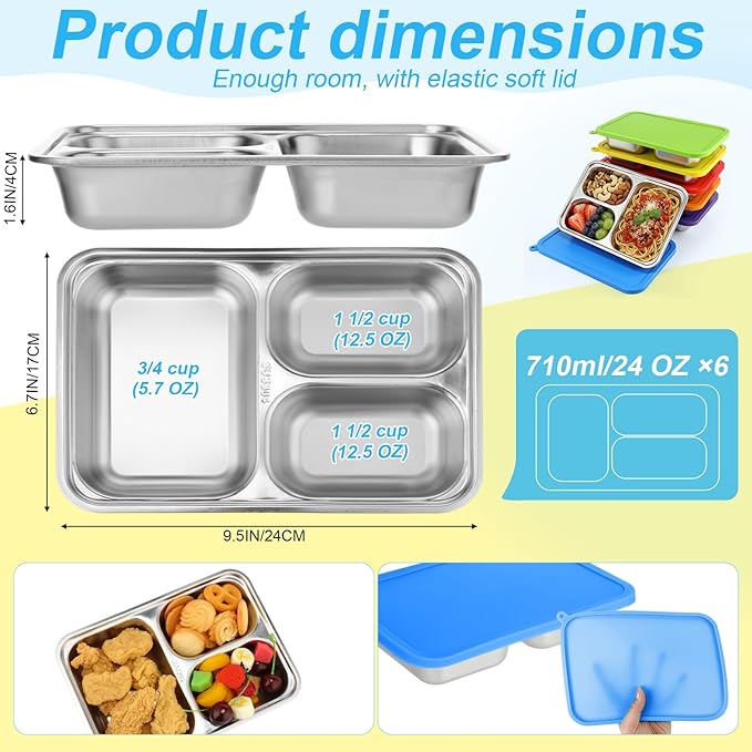 6 Pack Stainless Steel Lunch Box with Lid Reusable Bento Boxes Leak-proof Stackable Snack Meal Fruit Container Divided Food Storage Boxes for Travel Camping Lunch Prep Sandwich Adult