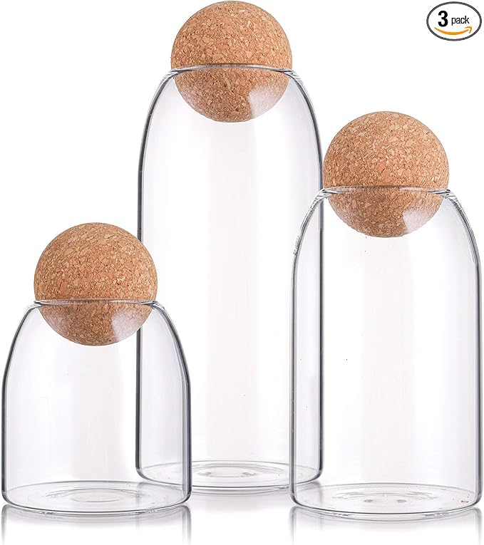 Suwimut 3 Pack Glass Storage Jar with Ball Cork Lid, Clear Glass Canisters with Cork Ball, Cute Decorative Round Glass Bottles with Airtight Wooden Lid for Spice, Sugar, Salt, Tea, Nuts, Coffee Beans