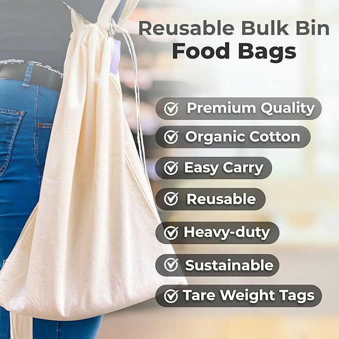 purifyou Set of 9 Mini Tote Bags with Drawstring, Reusable Organic Cotton Canvas Bags for Grocery Shopping, Dry Goods, Beach Essentials, Storage, and Travel, Washable (Large, XL)