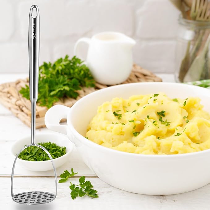 Potato Masher Stainless Steel - Mashed Potato Masher Kitchen Tool，Potato Smasher for Avocado, Tomato, Fruit & Vegetables, Pet Food, Heavy Duty Metal Bean Masher Utensil, Dishwasher Safe, 12.5-Inch