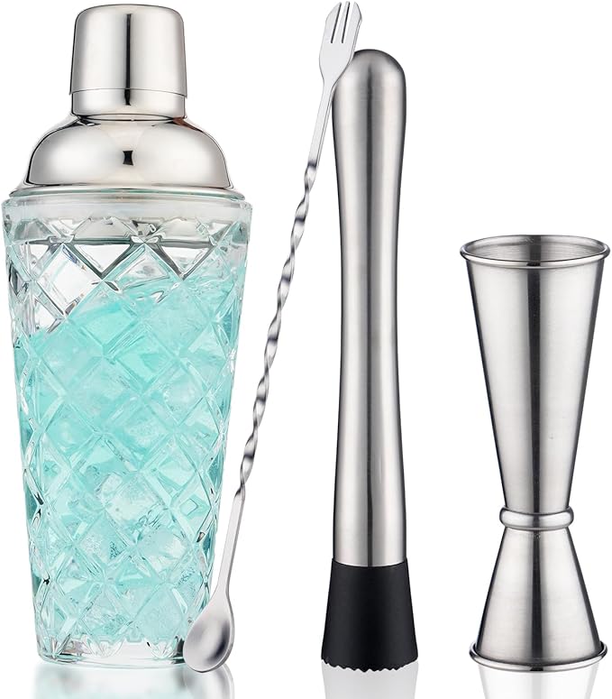 Cocktail Shaker Set, 14.2oz Glass Martini Shaker with Strainer - Includes Measuring Jigger, Mixing Spoon and Muddler - Perfect for Making Cocktails and Protein Shakes (Silver)