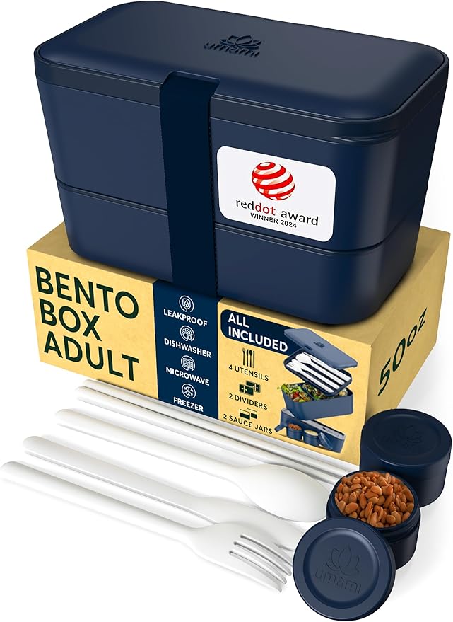 Umami Lunch Box Containers w/ 4 Utensils, 2 Sauce Jars, Nestable Space-Saving Bento Box Adult, 100% Leakproof, Microwavable Lunch Containers for Adults, Design Award Winner, Midnight Blue, 50 oz