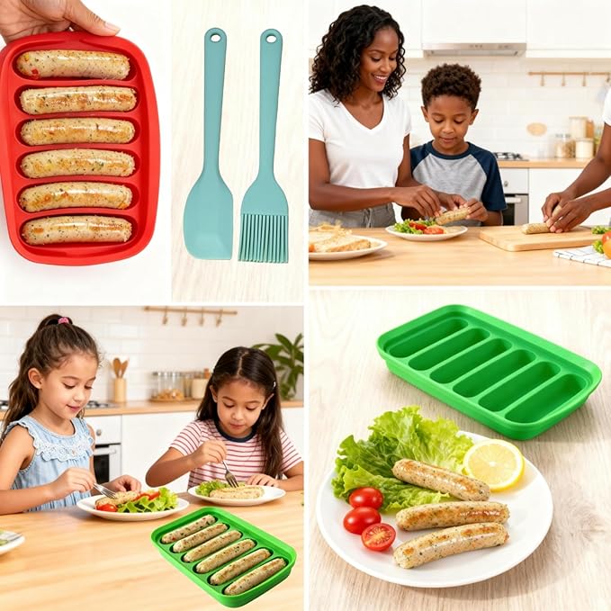 2 Pcs Silicone Sausage Mold with a Set of Silicone Brush Spatula and 25x Pastry Bags,Non-Stick Hot Dog Bun Pan,DIY Handmade Ham Sausage,Hot Dogs Baking Mold for Children's Food with Lid(Yellow/2)