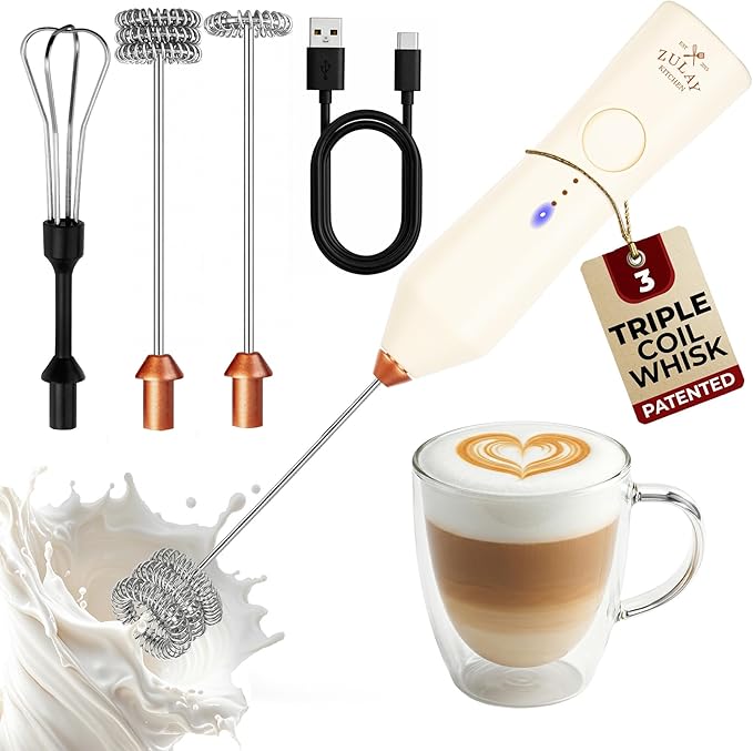 Zulay Kitchen Rechargeable Milk Frother - Dynamic - 3 Speeds, 3 Whisk Attachments, 500 mAh USB Charging, Drink Mixer For Latte, Cappuccino, Matcha, Protein Powder, Coffee Foam - Cream Copper