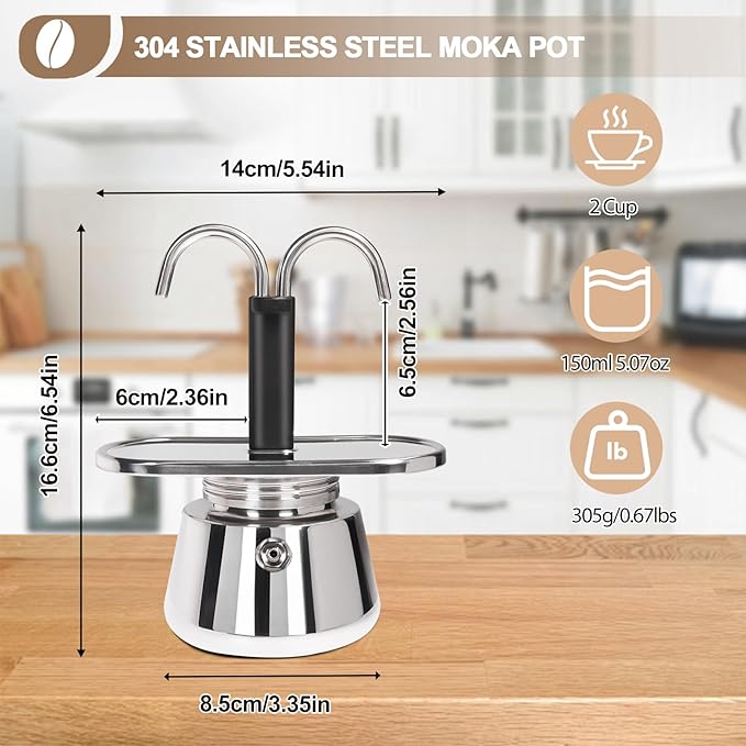 Uncoated 2 Cup Dual Pipe Moka Pot 304 Thickened Stainless Steel Mini Coffee Maker Stovetop Espresso Coffeemaker Italian Classic Style Brewing Greca Cafe Mocha for Camping Travel Home 150ml