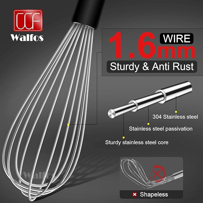 Stainless Steel Whisk Set with 7"+5" Mini whisks, Walfos Heavy Duty Whisks, Kitchen wisk (7+9+11in) Premium for Whisking, Blending, Beating, Frothing & Stirring.
