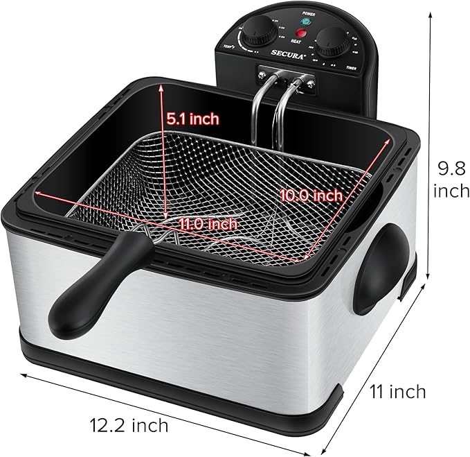 Secura 4 Liters / 17-Cup Stainless-Steel 1700-Watt Electric Deep Fryer with Timer Free Extra Odor Filter, Triple Basket, 4.5 Quarts, Silver