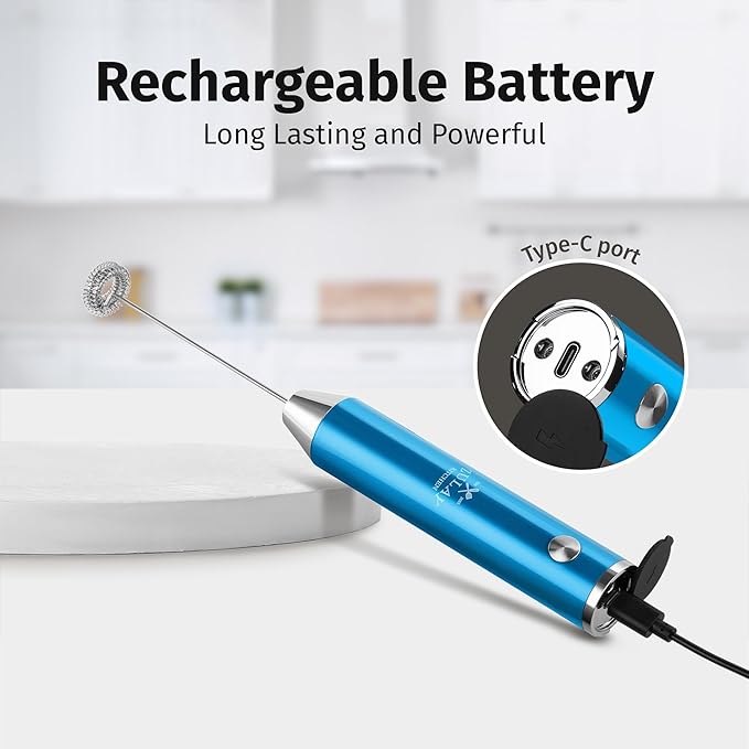 Zulay Kitchen Rechargeable Milk Frother Handheld Lux - Powerful 2-Speed Motor, Waterproof, 2000mAh Battery - Drink Mixer for Latte, Cappuccino, Matcha & Protein Powder - Metallic Blue