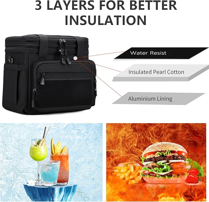 Gafetrey Tactical Lunch Box for Men, Insulated Lunch Bag Adult, Thermal Lunchbox Leakproof Waterproof Cooler Bag, Large Lunch Pail for Work Office Camping Travel (Black)