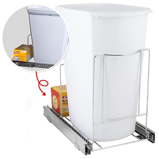 Pull-Out Trash Can for Cabinet -10 Gal / 40 qt – Heavy-Duty Chrome, Smooth Slide with Trash Bag Storage – Fits 11" Cabinet Opening (Bin Not Included)