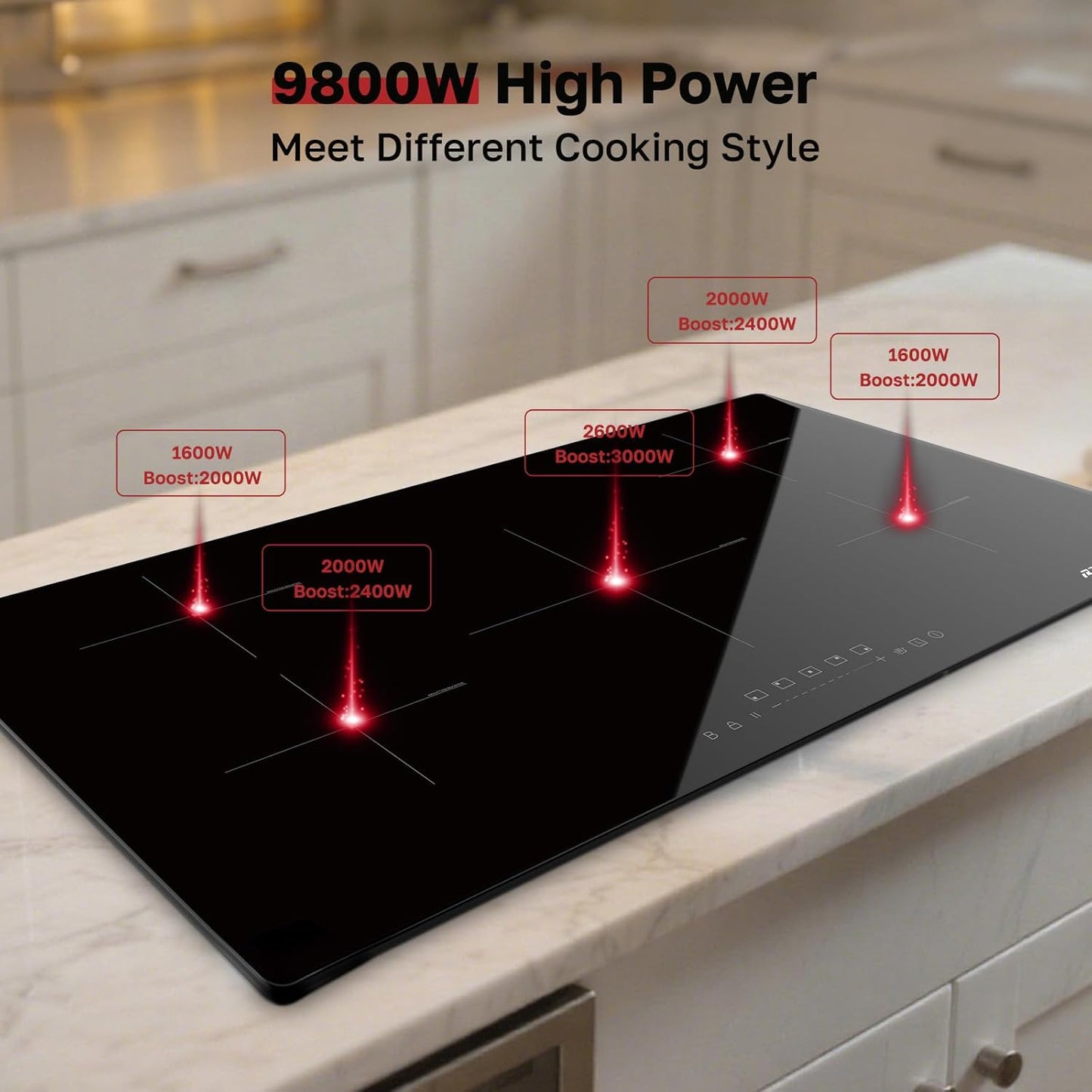 ThermoMate 36 Inch Induction Hob Electric Cooktop, 9800W Built in Induction Stove Top with 5 Boost Burners, 9 Heating Levels, Timer & Child Safety Lock, Sensor Touch Control, 240V