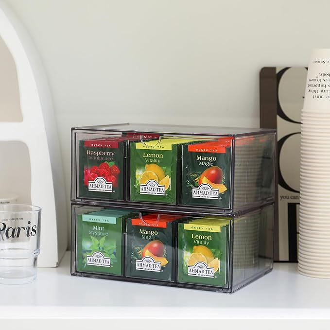 CLUQMEIK 2 Large Acrylic Tea Bag Organizer, 9 Grids Tea Organizers and Storage with Acrylic Drawers Stackable, Teabag Holder Organizer for Counter Countertop Kitchen Cabinet