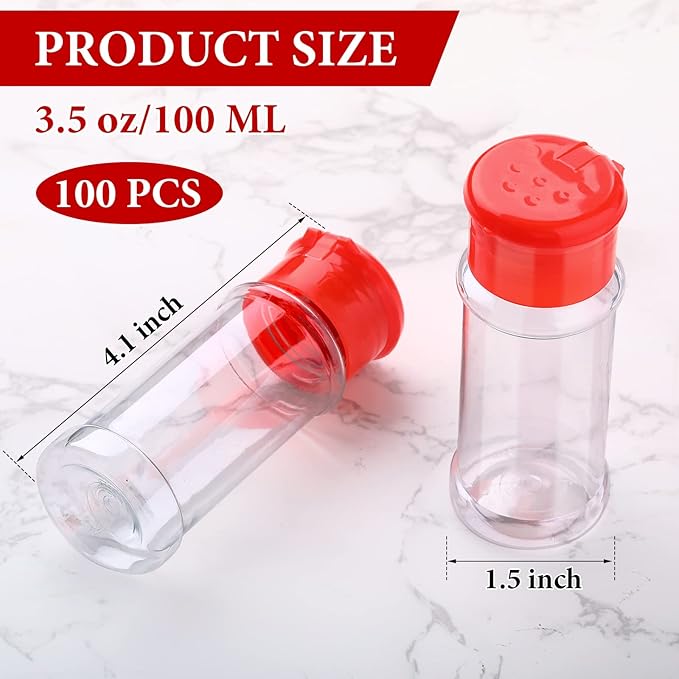 Amyhill 100 Pcs Plastic Spice Bottles Spice Jars Seasoning Jars Shaker Plastic Jars 3.3 Oz/ 100ml Seasoning Shaker with Shaker Lids(Red Lid)