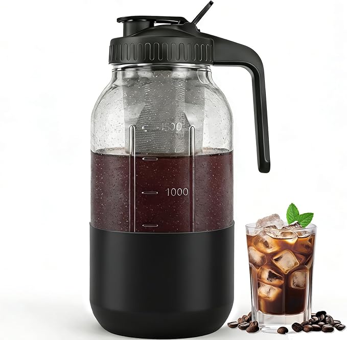Cold Brew Coffee Maker, 64oz Mason Jar Pitcher with Stainless Steel Filter, Leak-Proof Lid with Pour Spout & Handle, Heavy Duty Glass Iced Coffee Tea Brewer with Protective Silicone Sleeve-Black