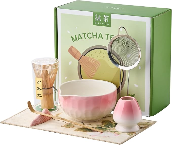 Matcha Whisk Set, 7 Pcs Pink Matcha Kit with Bowl, Whisk and Holder, Bamboo Scoop, Scoop Rest, Sifter & Tea Towel, Tea Gifts for Making Breakfast, Latte Match-a Lovers