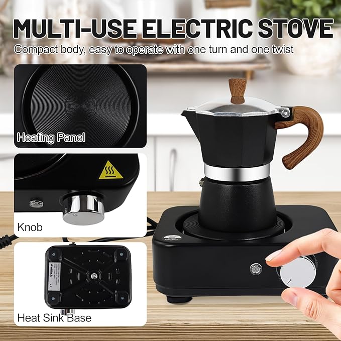 4-in-1 Moka Pot Espresso Set with Electric Stove 3 Cup Aluminum Stovetop Coffee Maker Percolator Italian Classic Mocha Coffee Machine with Powder Dispenser Filter Paper Portable Camping Black