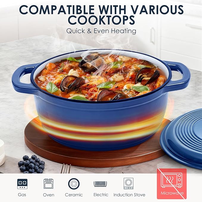 Cast Iron Dutch Oven Pot With Lid - AIVIKI 5QT Enameled Dutch Oven for Bread Baking With Cotton Potholders - Heavy- Duty Cookware Across All Cooktops, Wedding Registry Ideas & Gifts, Blue