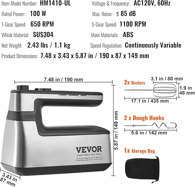 VEVOR Cordless Electric Hand Mixer,100W, Continuously Variable Electric Handheld Mixer, with Turbo Boost Beaters Dough Hooks Storage Bag, Baking Supplies for Whipping Mixing Egg Cookie Cake Cream