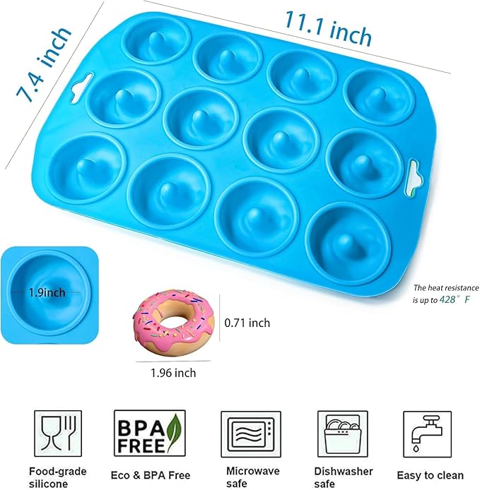 2pcs Silicone Donut Pan, 12 Holes Mini Donuts Mold Heat Resistant, Silicone Donut Molds for baking, Mini Baking Mold for baking delicious donuts, Non-stick Bottom, Easy to Clean