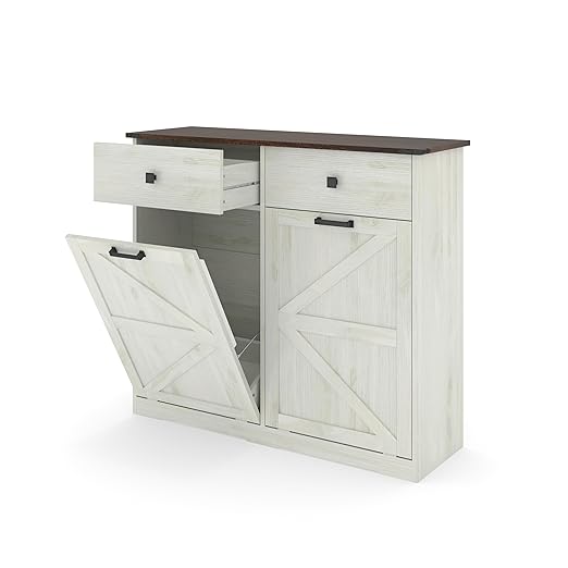 20 Gallon Double Tilt-Out Trash Can Cabinet,Wood Hidden Garbage Can Cabinet – Free Standing Recycling Cabinet Pet Proof Trash Can Holder with 2 Drawer for Kitchen Bathroom, Living Room,White