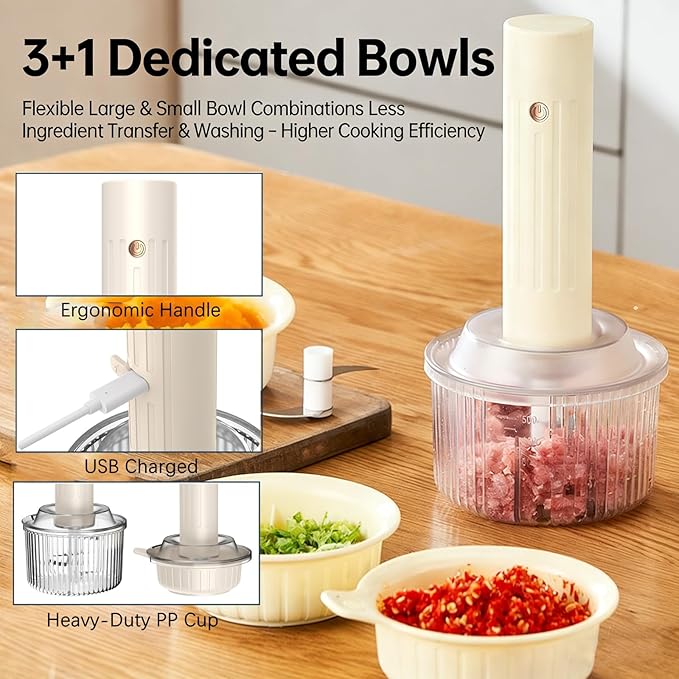 Electric Garlic Chopper, Multifunctional Portable Veggie Cutter with 2 Blades & 4 Bowls - Mini Chopper Food Processor for Ginger, Chili, Fruit, Meat - Electric Mini Chopper, One-Touch Operation