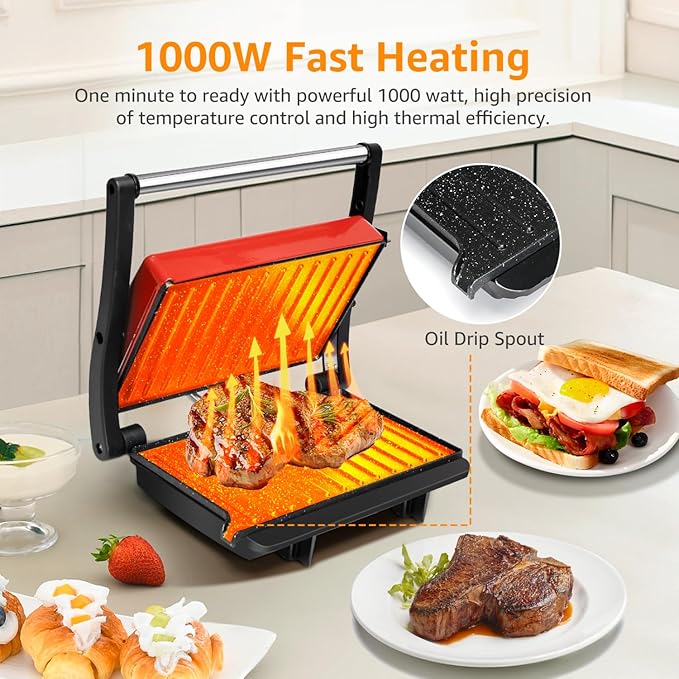 Panini Press Grill, Aigostar 1000W Sandwich Maker with Ceramic Non-stick Plates, Opens 180 Degrees for Any Size Food, 3-in-1 Sandwich Press Electric Grill, Drip Spout & Locking Lid, Red