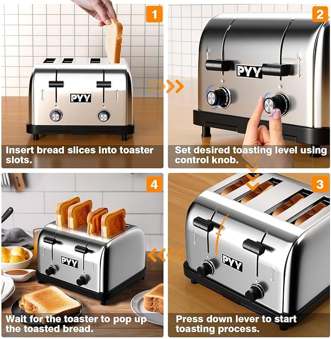 PYY Commercial Toaster 4 Slices - 225 Slices/Hour Stainless Steel Silver Bread Toaster, 1800W with 6 Speed Level, Dual Controls and Removable Crumb Tray, for Family and Commercial