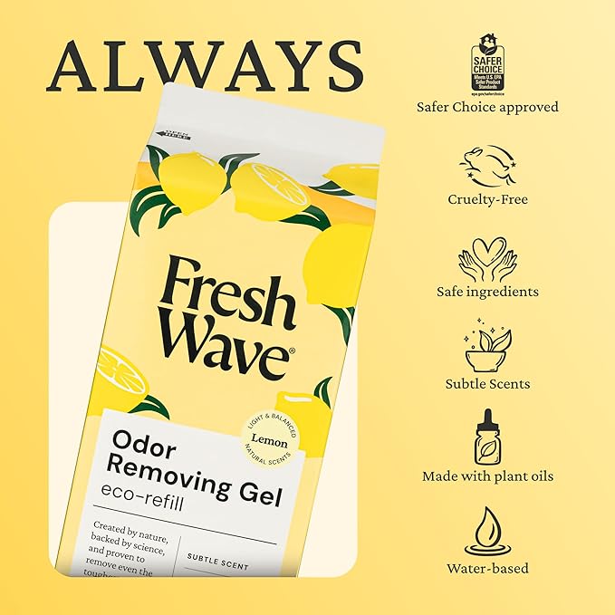 Fresh Wave Lemon Odor Removing Gel Refill, 63 oz. - Safer Odor Absorbers for Home, Natural Plant-Based Odor Eliminator, Every 15 oz. lasts 30-60 Days, For Cooking, Trash & Pets