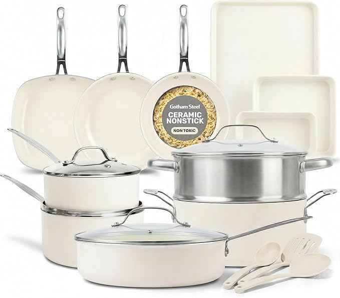 GOTHAM STEEL 20 Pc Ceramic Cookware Set Nonstick, Ceramic Pots and Pans Set Non Stick for Kitchen with Bakeware, Cooking Utensils & Steamer, Non Toxic PFOA PFOS Free, Oven & Dishwasher Safe